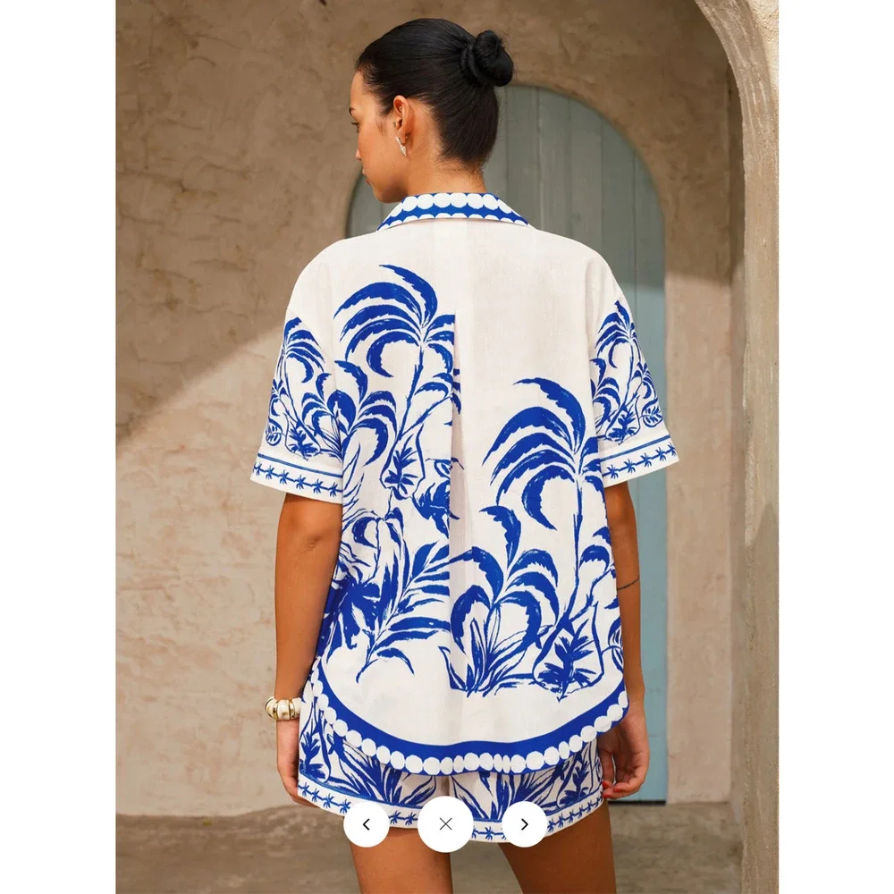 NWT Commense Palm Tree Print Shirt & Drawstring Shorts Set Sz L